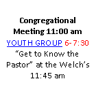 Text Box: Congregational Meeting 11:00 amYOUTH GROUP 6-7:30Get to Know the Pastor at the Welchs 11:45 am
